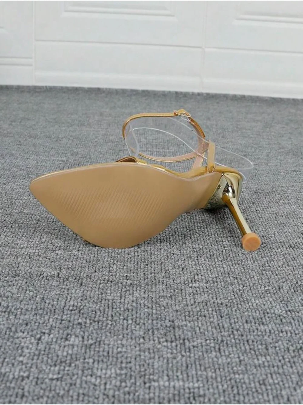 Gold Pointed Toe Stiletto Sandals with Ankle Strap